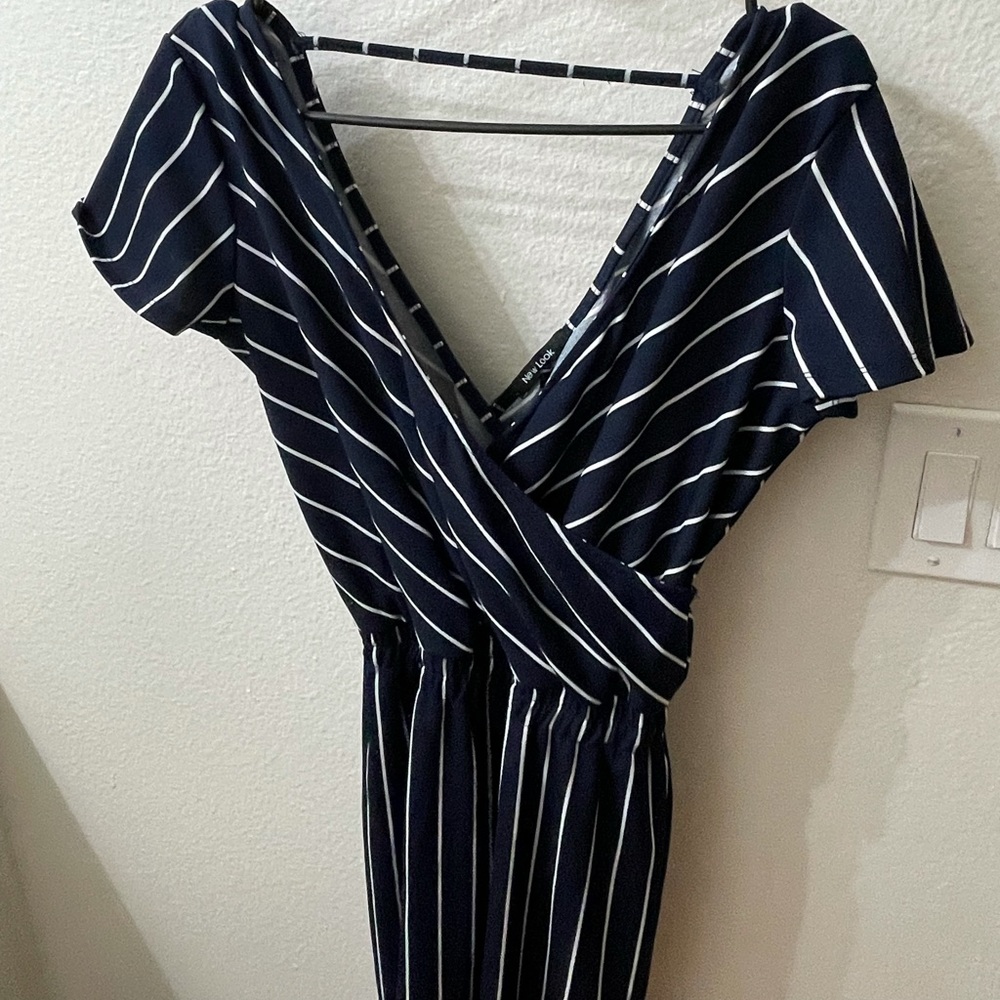 Navy blue striped pant romper